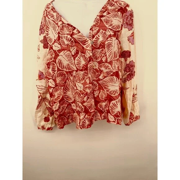 Tahari Linen Shirt Top Blouse Tunic Floral Machine Washable Women's Size M - Picture 2 of 8